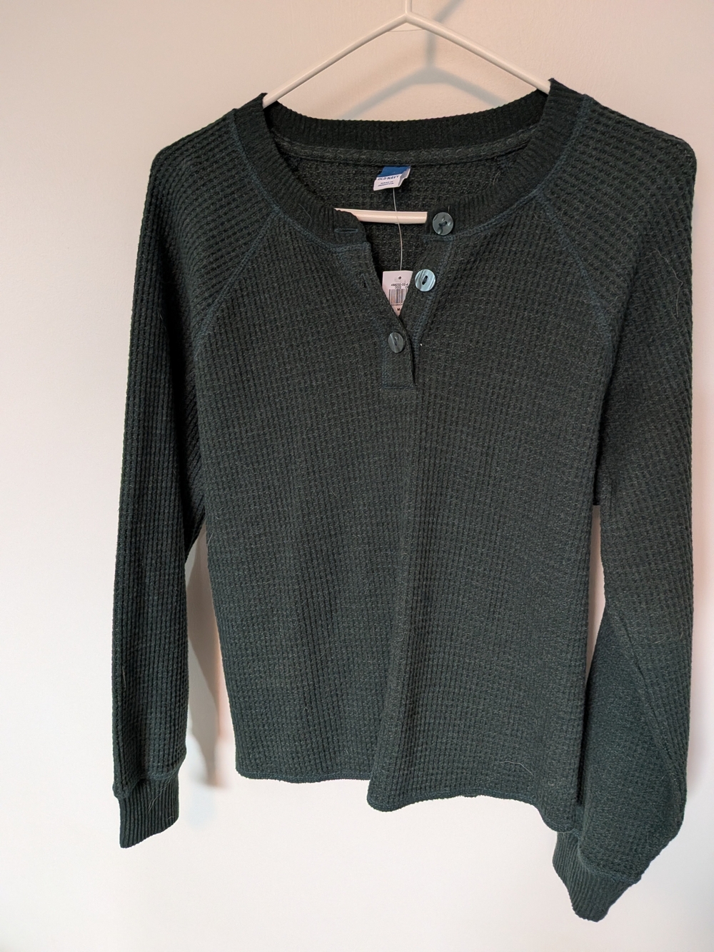 Old Navy Dark Green Waffle Henley Long Sleeve Top